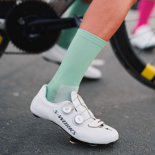 Ready to roll wearing her Ghaf green cycling socks from Veto